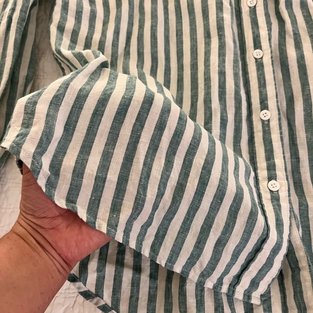 Faherty Laguna Linen relaxed blouse green white stripe L - Picture 4 of 11